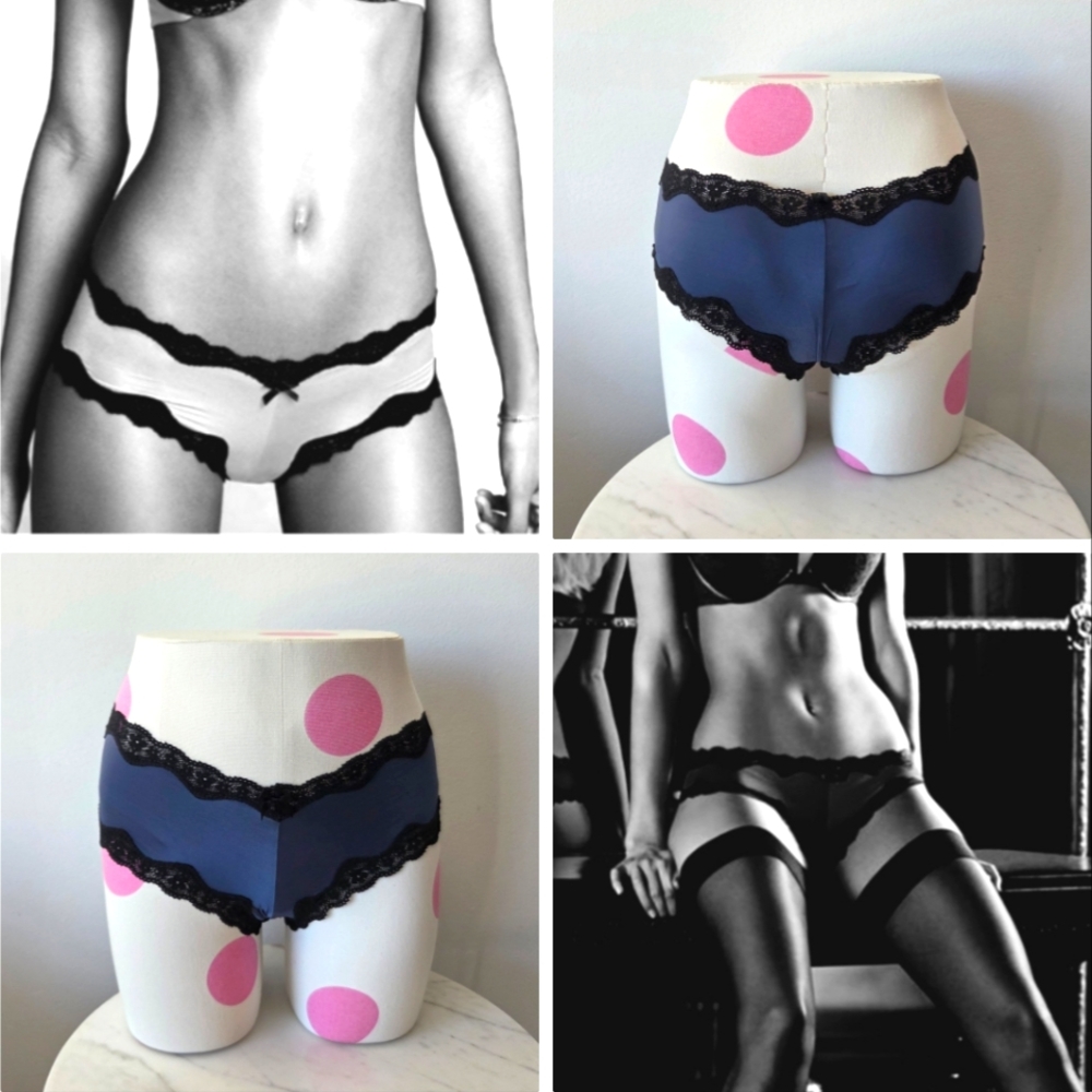 Victoria's Secret Vintage Very Sexy Satin Cheeky Panty Blue Black Lace NWT